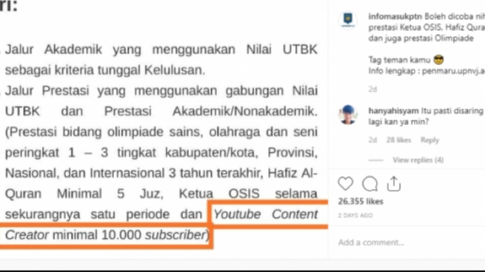 Syarat Jalur Prestasi Bagi Calon Mahasiswa Baru: Jadi YouTube Content Creator Dengan Minimal 10.000 Subscriber