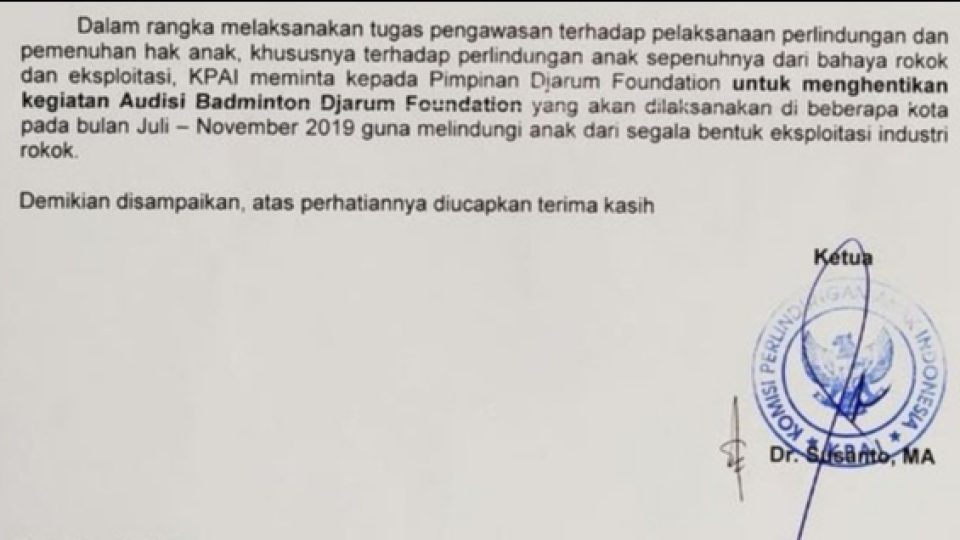 KPAI Nyatakan Tidak Ingin Hentikan Audisi PB Djarum, Tapi Suratnya Berbunyi Sebaliknya, Pakai Bold Lagi