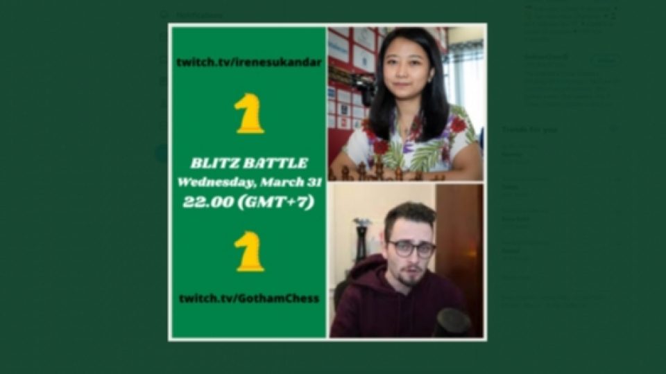 WGM Irene Sukandar Akan Bertanding Melawan Gotham Chess Hari Rabu Malam Ini di Twitch