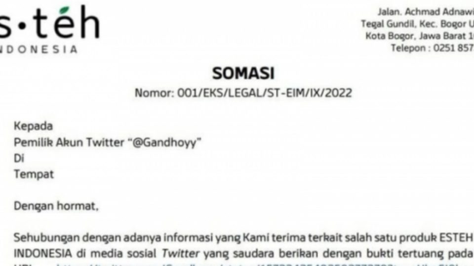 Tak Terima Produknya Dikritik, Es Teh Indonesia Somasi Seorang Warganet